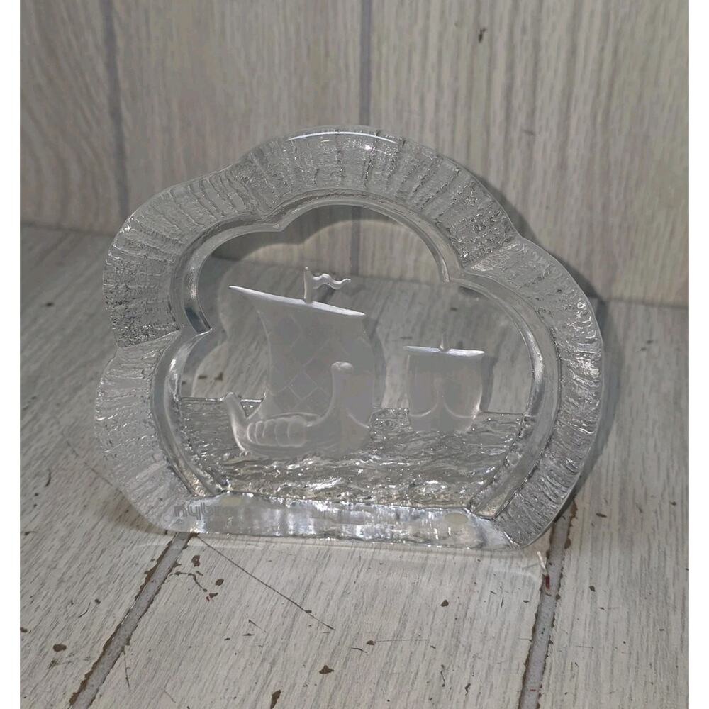 NYBRO Crystal Sweden Sailing Viking Ships Paperweight Signed Nautical Decor